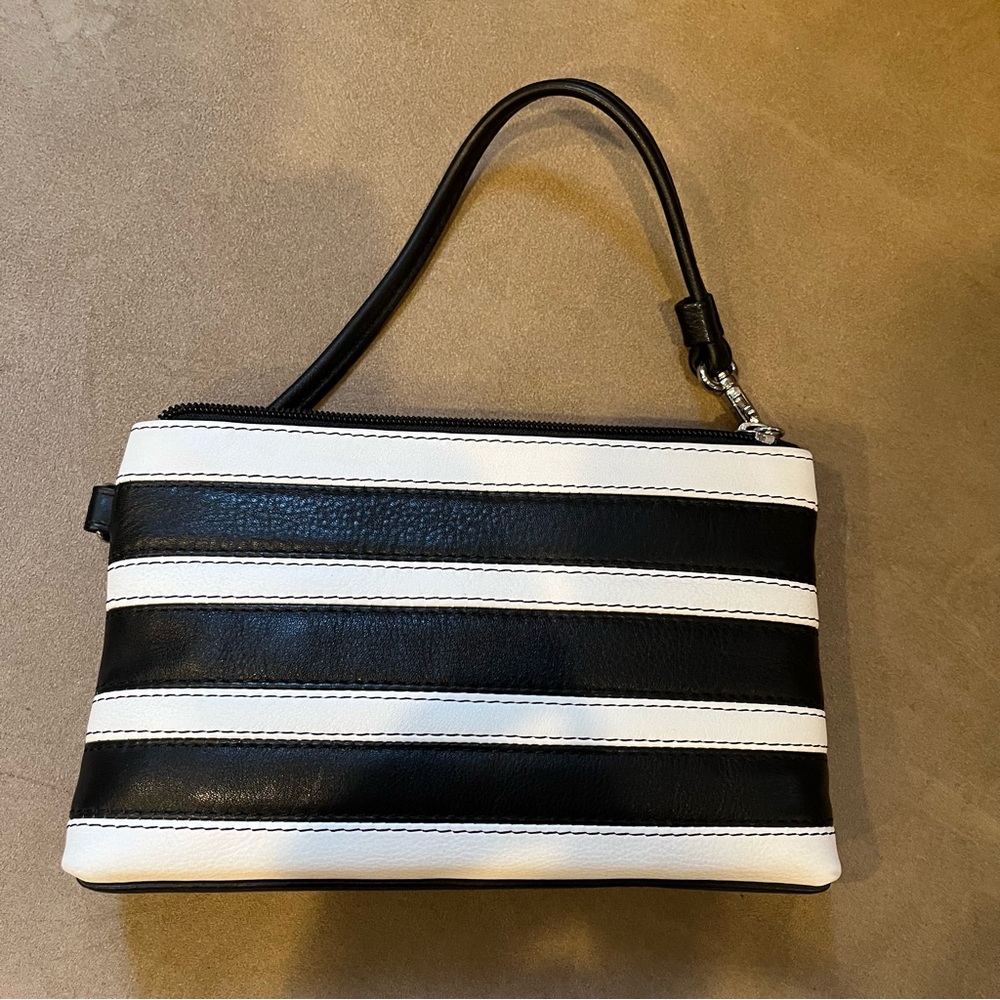 ILI New York unused leather Black and White Striped Clutch with wristlet Strap
